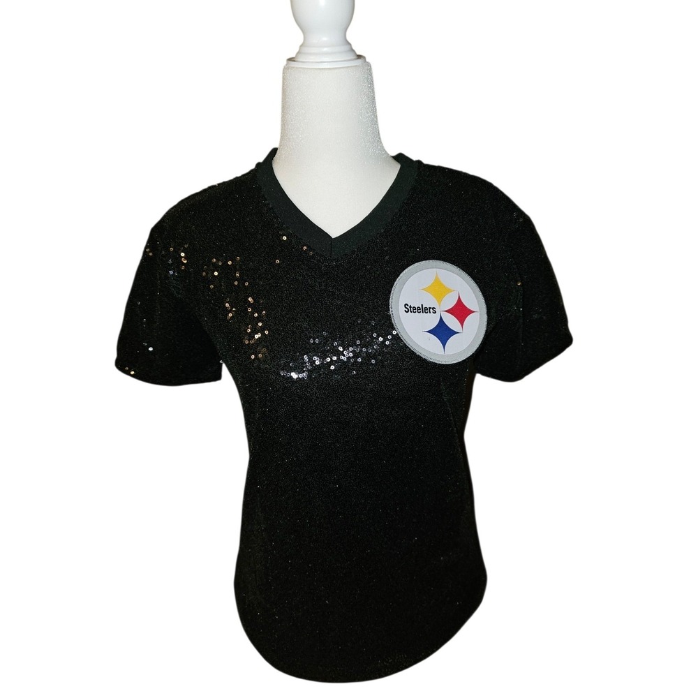 Girls XL Sequined Pittsburgh Steelers tShirt NFL Football Black Sparkle Logo